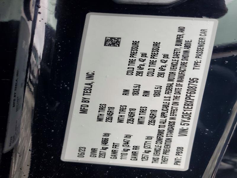 Продаж на аукціоні авто 2023 Tesla Model 3, vin: 5YJ3E1EBXPF608795, номер лоту: 62072926
