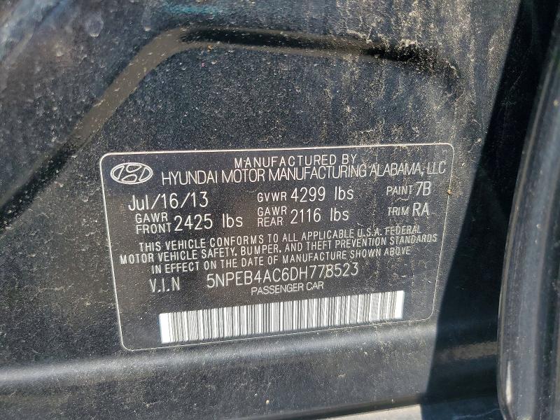 61631426 :رقم المزاد ، 5NPEB4AC6DH778523 vin ، 2013 Hyundai Sonata مزاد بيع