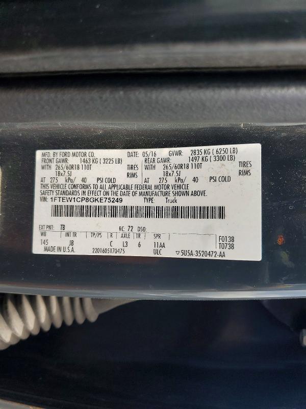 61947926 :رقم المزاد ، 1FTEW1CP8GKE75249 vin ، 2016 Ford F150 مزاد بيع