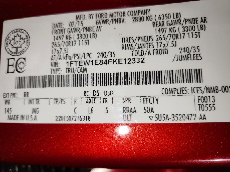 2015 Ford F150 მანქანა იყიდება აუქციონზე, vin: 1FTEW1E84FKE12332, აუქციონის ნომერი: 85974195