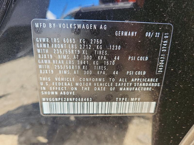2022 Volkswagen Id.4 მანქანა იყიდება აუქციონზე, vin: WVGGNPE28NP068463, აუქციონის ნომერი: 62283126