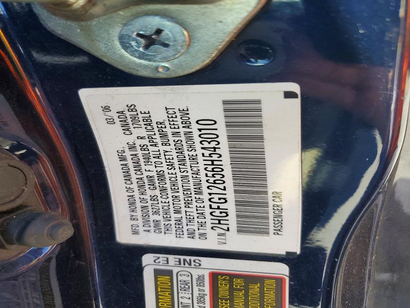 60039086 :رقم المزاد ، 2HGFG12656H543010 vin ، 2006 Honda Civic مزاد بيع