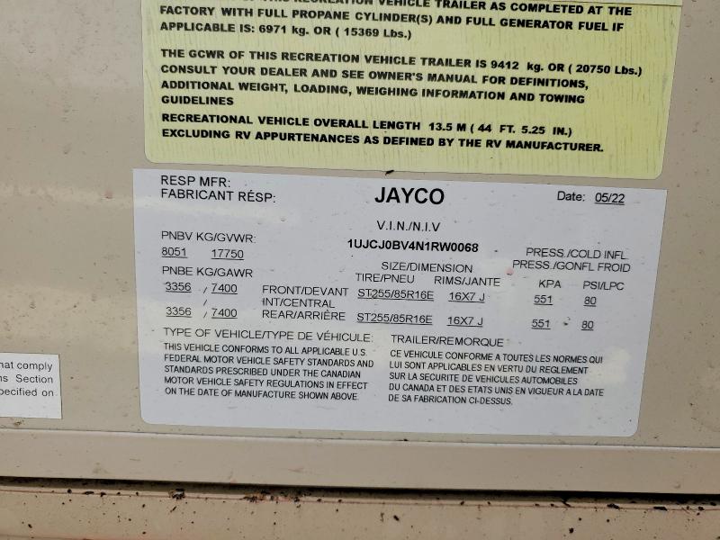 Aukcja sprzedaży 2022 Jayco Pinnacle, vin: 1UJCJ0BV4N1RW0068, numer aukcji: 61738726