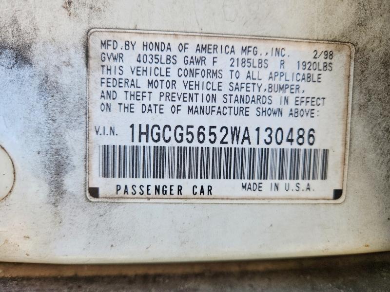 1998 Honda Accord მანქანა იყიდება აუქციონზე, vin: 1HGCG5652WA130486, აუქციონის ნომერი: 85975155