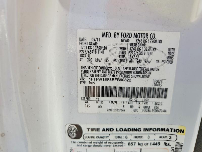 59884096 :رقم المزاد ، 1FTFW1EF8BFB90822 vin ، 2011 Ford F150 مزاد بيع