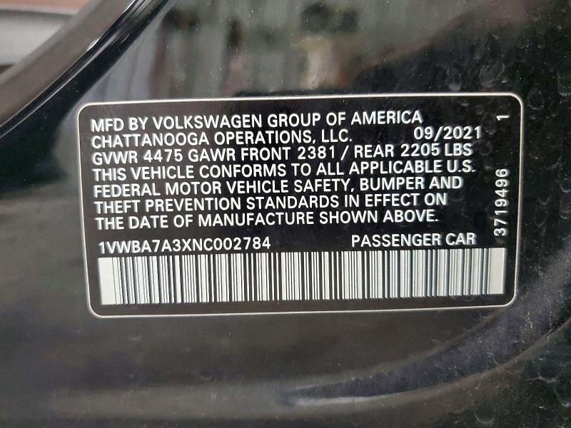 62944986 :رقم المزاد ، 1VWBA7A3XNC002784 vin ، 2022 Volkswagen Passat مزاد بيع
