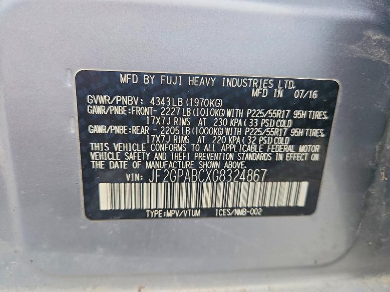 2016 Subaru Crosstrek მანქანა იყიდება აუქციონზე, vin: JF2GPABCXG8324867, აუქციონის ნომერი: 62470106