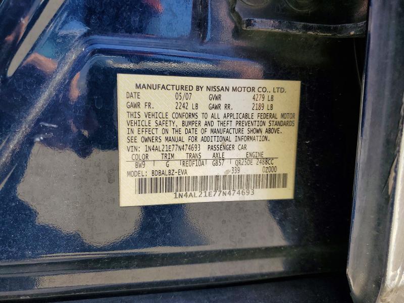 2007 Nissan Altima მანქანა იყიდება აუქციონზე, vin: 1N4AL21E77N474693, აუქციონის ნომერი: 61387756