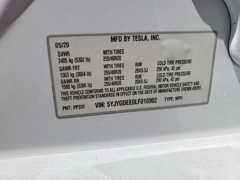 Aukcja sprzedaży 2020 Tesla Model Y, vin: 5YJYGDEE0LF010902, numer aukcji: 62263096