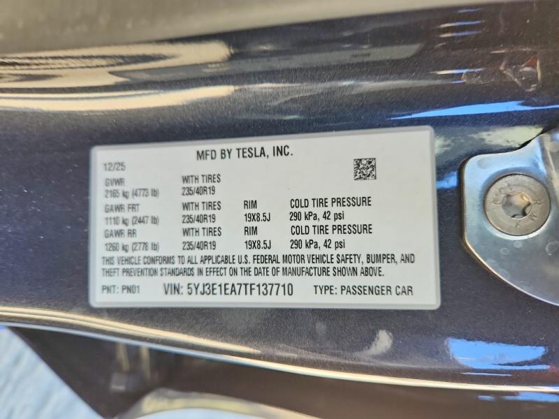 2026 Tesla Model 3 მანქანა იყიდება აუქციონზე, vin: 5YJ3E1EA7TF137710, აუქციონის ნომერი: 62326746