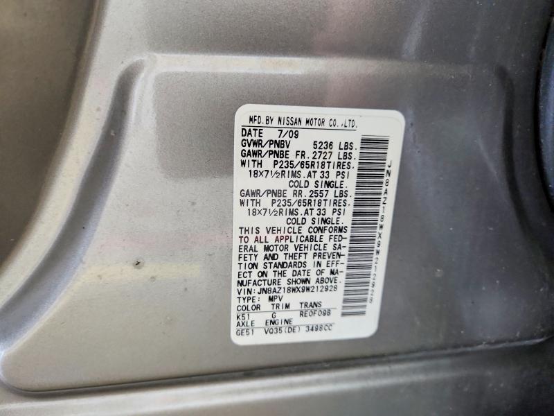 2009 Nissan Murano მანქანა იყიდება აუქციონზე, vin: JN8AZ18WX9W212928, აუქციონის ნომერი: 61566636