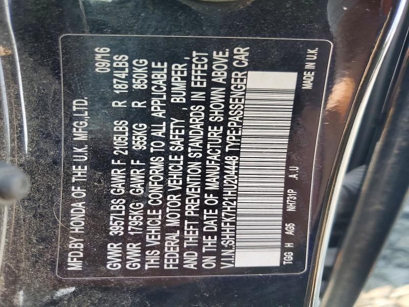 Продаж на аукціоні авто 2017 Honda Civic, vin: SHHFK7H21HU204448, номер лоту: 61958846