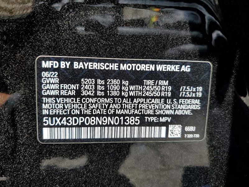 2022 Bmw X3 მანქანა იყიდება აუქციონზე, vin: 5UX43DP08N9N01385, აუქციონის ნომერი: 60129036