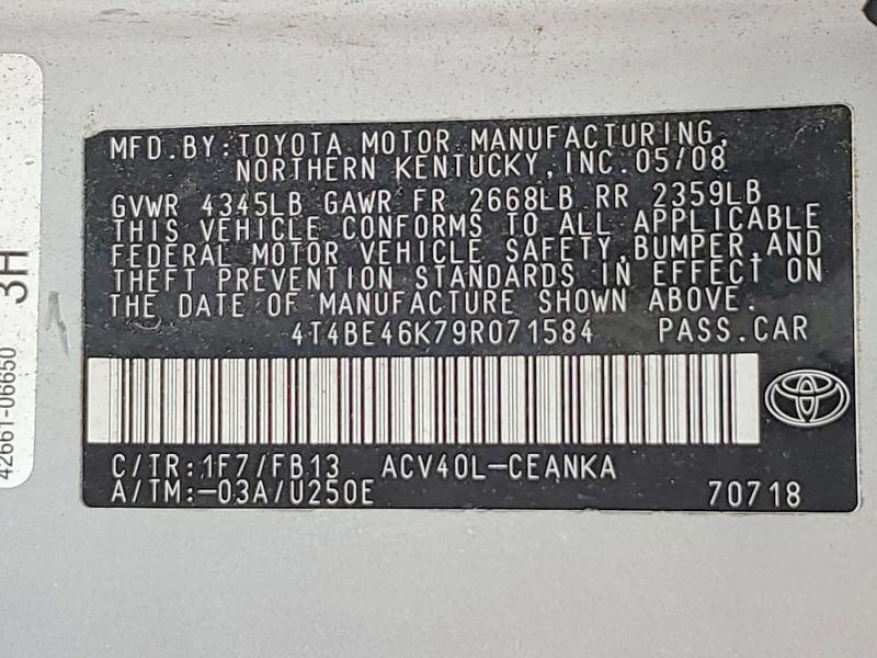 2009 Toyota Camry მანქანა იყიდება აუქციონზე, vin: 4T4BE46K79R071584, აუქციონის ნომერი: 61011706