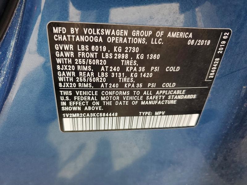 63392426 :رقم المزاد ، 1V2MR2CA3KC584448 vin ، 2019 Volkswagen Atlas مزاد بيع