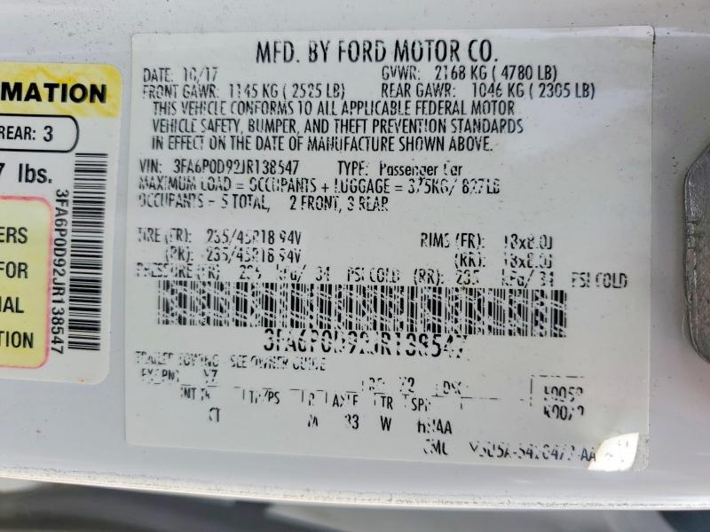 2018 Ford Fusion მანქანა იყიდება აუქციონზე, vin: 3FA6P0D92JR138547, აუქციონის ნომერი: 60891706