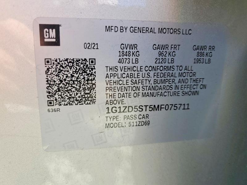 2021 Chevrolet Malibu მანქანა იყიდება აუქციონზე, vin: 1G1ZD5ST5MF075711, აუქციონის ნომერი: 60194066