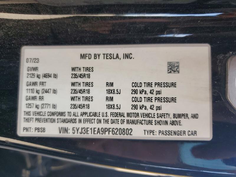 Aukcja sprzedaży 2023 Tesla Model 3, vin: 5YJ3E1EA9PF620802, numer aukcji: 59405896