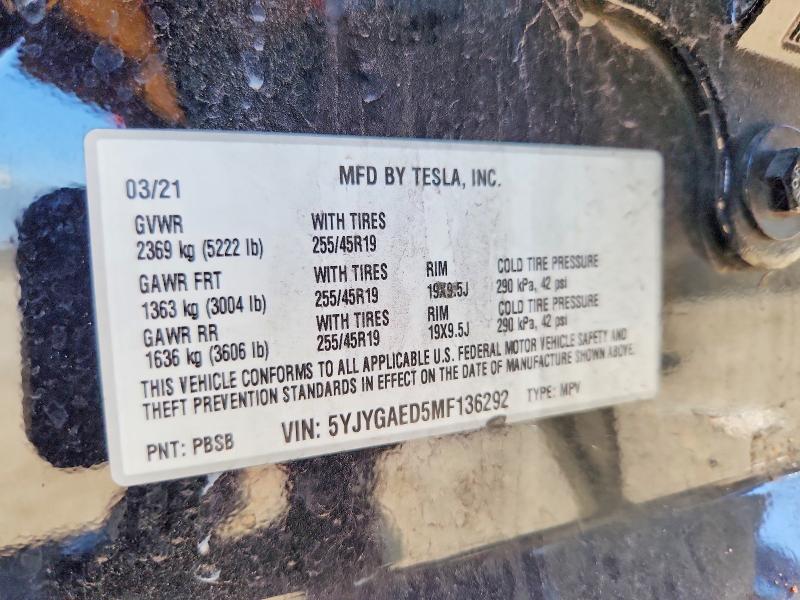 59719476 :رقم المزاد ، 5YJYGAED5MF136292 vin ، 2021 Tesla Model Y مزاد بيع