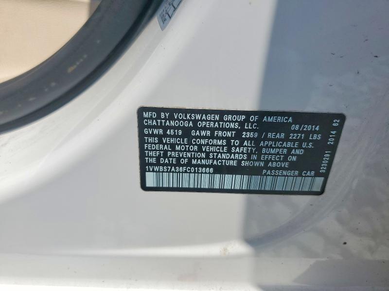 61327806 :رقم المزاد ، 1VWBS7A36FC013666 vin ، 2015 Volkswagen Passat مزاد بيع