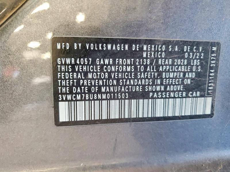 2022 Volkswagen Jetta მანქანა იყიდება აუქციონზე, vin: 3VWCM7BU8NM011503, აუქციონის ნომერი: 60511076