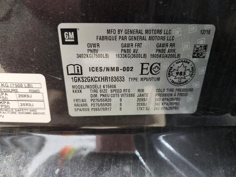59332346 :رقم المزاد ، 1GKS2GKCXHR183633 vin ، 2017 Gmc Yukon Xl مزاد بيع