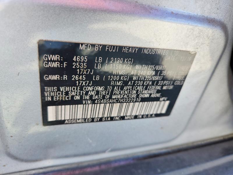 2017 Subaru Outback მანქანა იყიდება აუქციონზე, vin: 4S4BSAHC7H3322910, აუქციონის ნომერი: 62455996