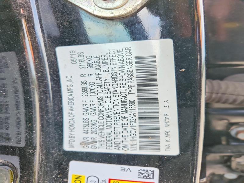 Продаж на аукціоні авто 2019 Honda Accord, vin: 1HGCV1F32KA115560, номер лоту: 76296605