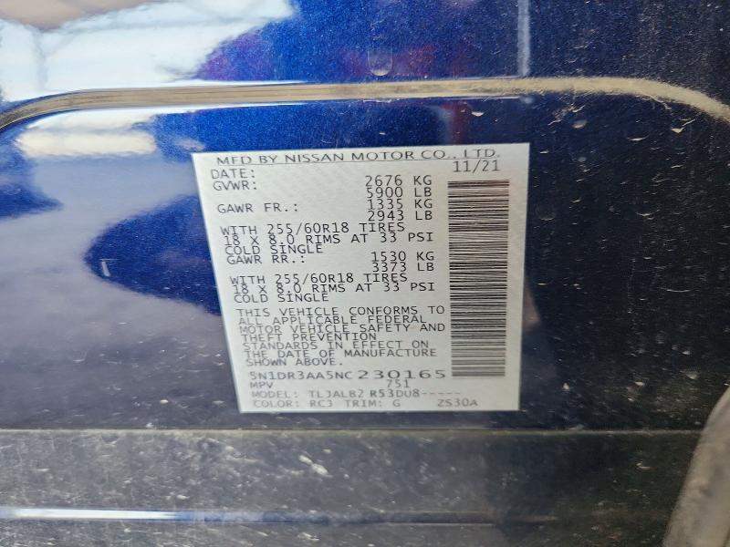 2022 Nissan Pathfinder მანქანა იყიდება აუქციონზე, vin: 5N1DR3AA5NC230165, აუქციონის ნომერი: 63369276