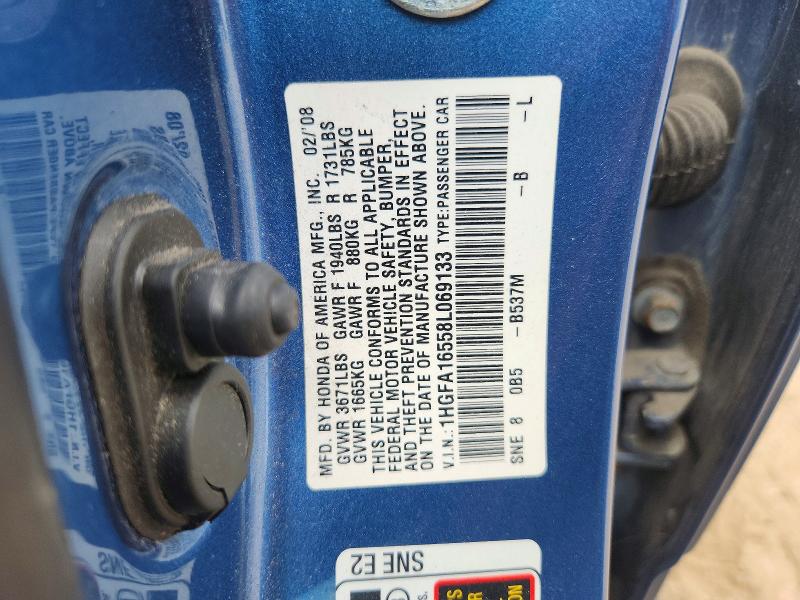 2008 Honda Civic მანქანა იყიდება აუქციონზე, vin: 1HGFA16558L069133, აუქციონის ნომერი: 62394946