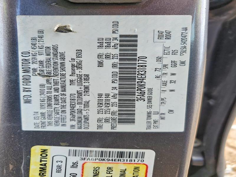 2014 Ford Fusion მანქანა იყიდება აუქციონზე, vin: 3FA6P0K94ER318170, აუქციონის ნომერი: 59963536