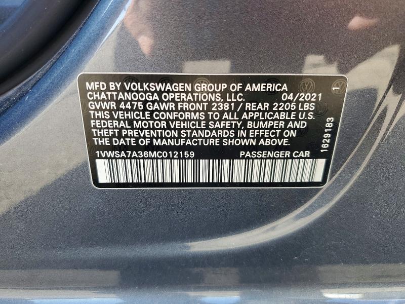 Aukcja sprzedaży 2021 Volkswagen Passat, vin: 1VWSA7A36MC012159, numer aukcji: 62522466