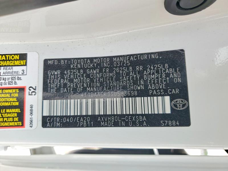 2025 Toyota Camry მანქანა იყიდება აუქციონზე, vin: 4T1DAACK3SU593698, აუქციონის ნომერი: 62493436