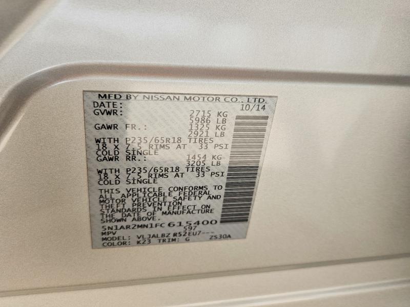 60874586 :رقم المزاد ، 5N1AR2MN1FC615400 vin ، 2015 Nissan Pathfinder مزاد بيع