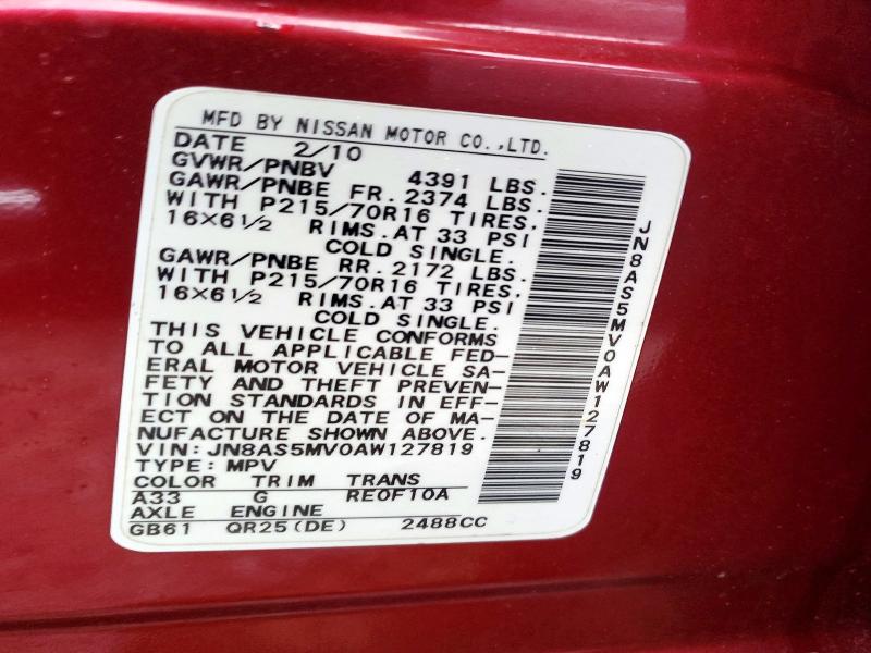 63150916 :رقم المزاد ، JN8AS5MV0AW127819 vin ، 2010 Nissan Rogue مزاد بيع