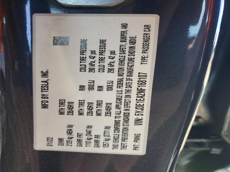 58301676 :رقم المزاد ، 5YJ3E1EA2NF168107 vin ، 2022 Tesla Model 3 مزاد بيع