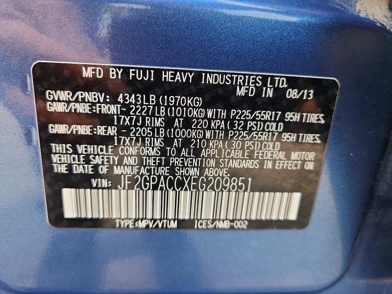 2014 Subaru Xv Crosstrek მანქანა იყიდება აუქციონზე, vin: JF2GPACCXEG209851, აუქციონის ნომერი: 59998696