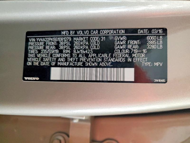 Aukcja sprzedaży 2016 Volvo Xc90, vin: YV4A22PK6G1081279, numer aukcji: 63101956