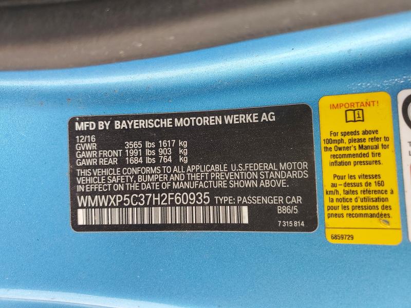 Aukcja sprzedaży 2017 Mini Cooper, vin: WMWXP5C37H2F60935, numer aukcji: 59827156