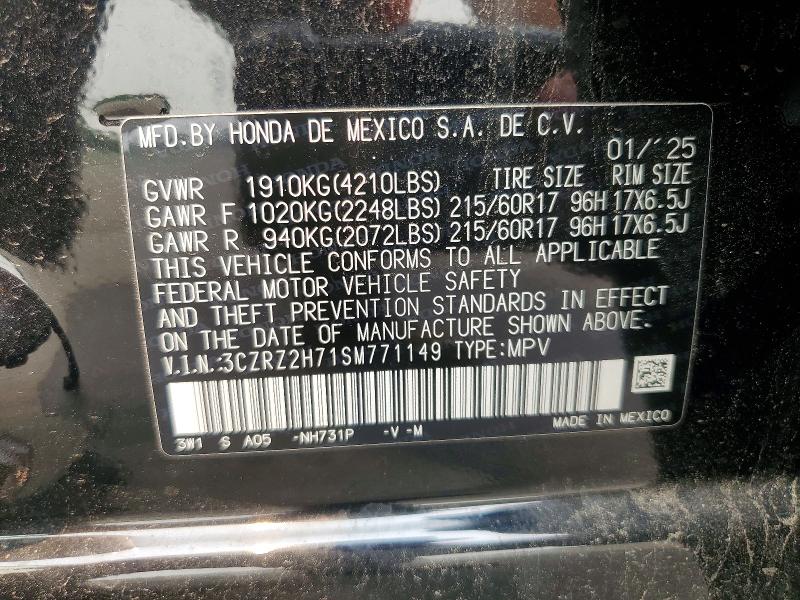 2025 Honda Hr-v მანქანა იყიდება აუქციონზე, vin: 3CZRZ2H71SM771149, აუქციონის ნომერი: 60710456