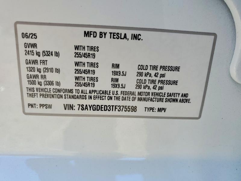 Aukcja sprzedaży 2026 Tesla Model Y, vin: 7SAYGDED3TF375598, numer aukcji: 59835626
