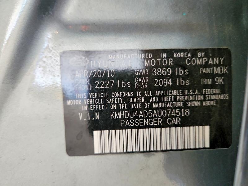 61639676 :رقم المزاد ، KMHDU4AD5AU074518 vin ، 2010 Hyundai Elantra مزاد بيع
