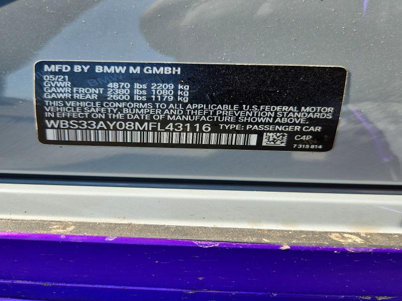2021 Bmw M3 მანქანა იყიდება აუქციონზე, vin: WBS33AY08MFL43116, აუქციონის ნომერი: 58294196