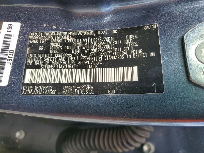 61623456 :رقم المزاد ، 5TFRM5F11AX016421 vin ، 2010 Toyota Tundra مزاد بيع