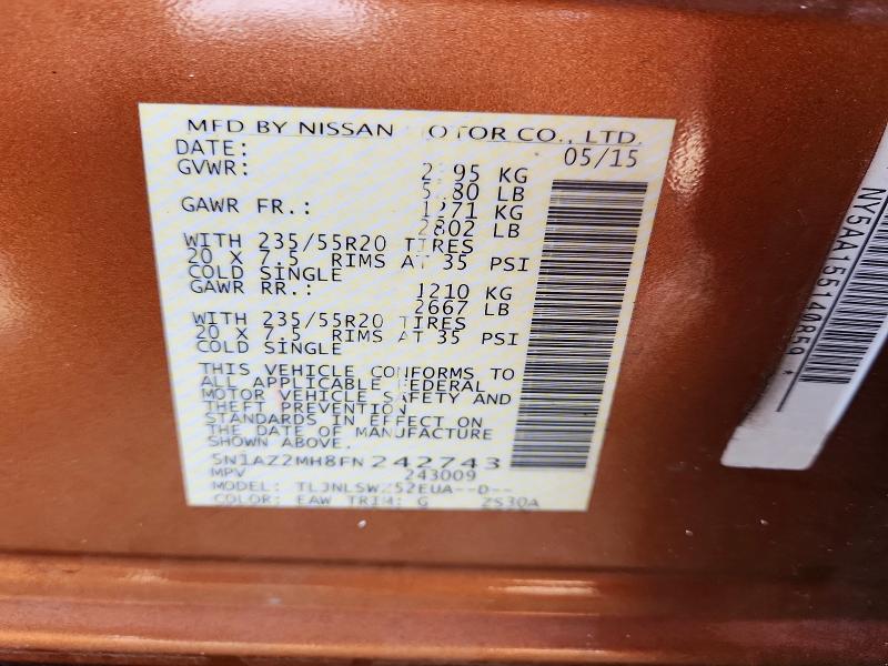 61507986 :رقم المزاد ، 5N1AZ2MH8FN242743 vin ، 2015 Nissan Murano مزاد بيع