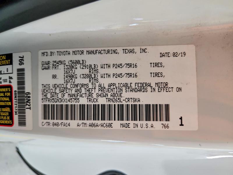 2019 Toyota Tacoma მანქანა იყიდება აუქციონზე, vin: 5TFRX5GN3KX145755, აუქციონის ნომერი: 63208836