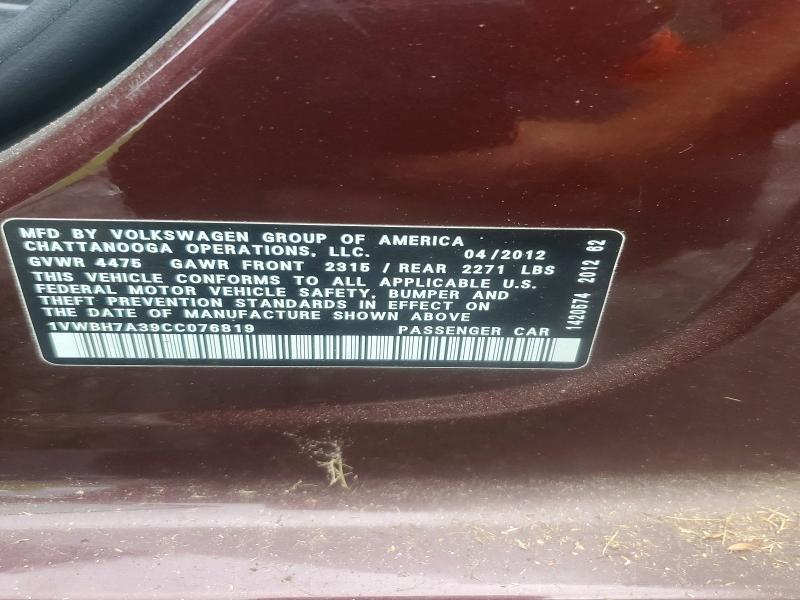 Продаж на аукціоні авто 2012 Volkswagen Passat, vin: 1VWBH7A39CC076819, номер лоту: 60819426