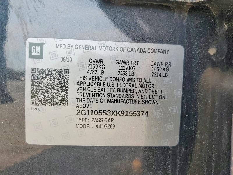 2019 Chevrolet Impala მანქანა იყიდება აუქციონზე, vin: 2G1105S3XK9155374, აუქციონის ნომერი: 61390706