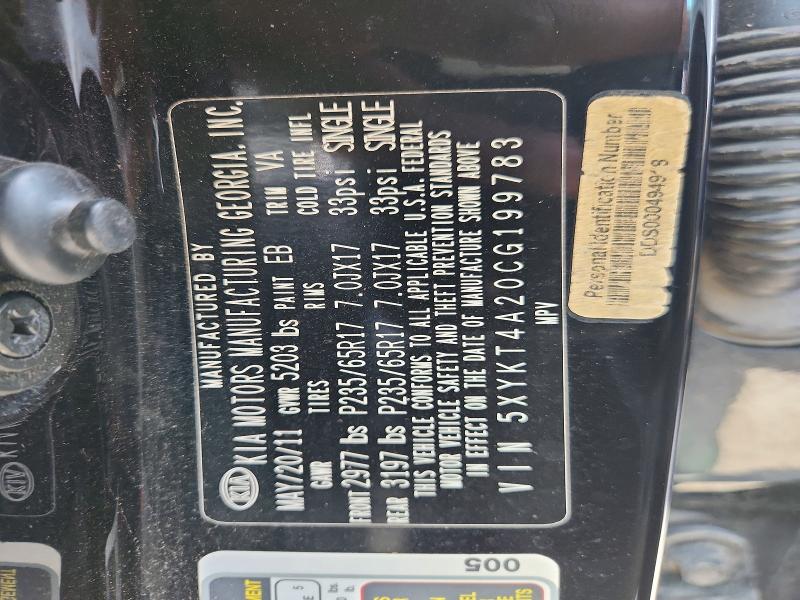 60119176 :رقم المزاد ، 5XYKT4A20CG199783 vin ، 2012 Kia Sorento مزاد بيع