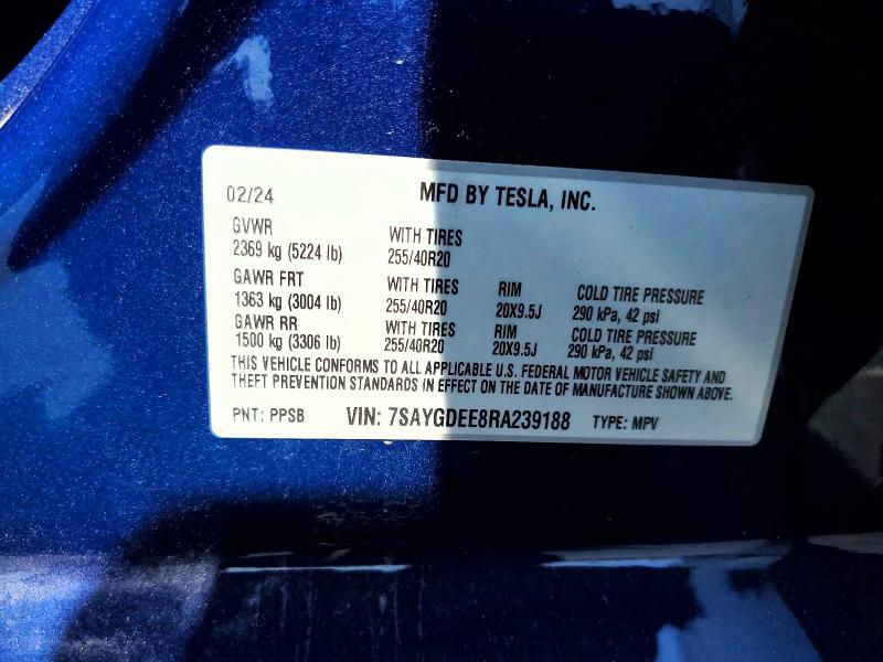 59200596 :رقم المزاد ، 7SAYGDEE8RA239188 vin ، 2024 Tesla Model Y مزاد بيع